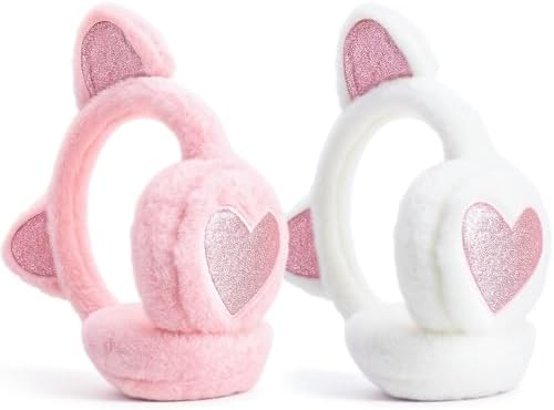 ViEinkaufen 2 Pack Kids Winter Earmuffs Cute Sequin Cat Ear Muffs Childrens Plush Thermal Ears Warmers for Boys & Girls Windproof Ears Protector for Outdoor Sports Cycling