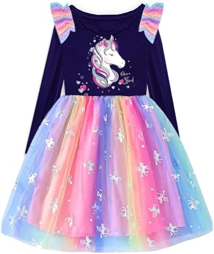 VIKITA Girls Princess Tulle Dresses Long Sleeve Casual Birthday Party Printed Sequins Animal Kids Dress Up 2-12Years