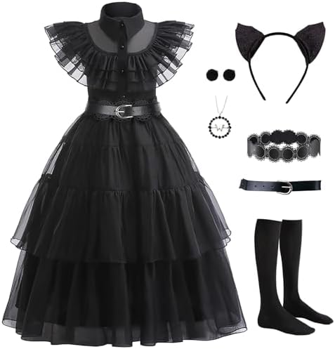 VIPten Wednesday Dress for Kids Girls Addams Family Cosplay Outfit Gothic Costumes for Halloween Birthday School Party