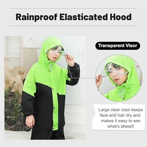 Volunboy Kids Waterproof Suit Hooded Raincoat Jacket And Trousers Set Puddle Suit With Zip For Boys Girls 8-14 Years