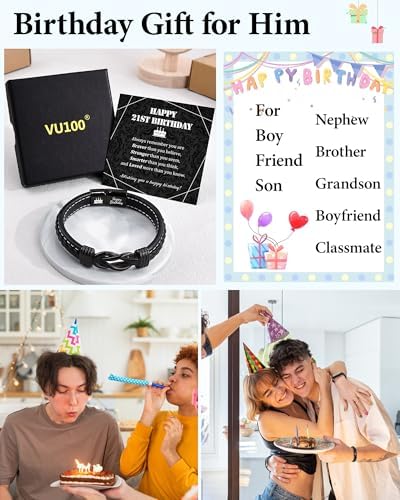 VU100 13th 18th 21st 30th 40th 50th 60th Birthday Gifts For Men Boys Leather Bracelet Birthday Gifts For Dad Son Stepdad Husband Uncle Brother