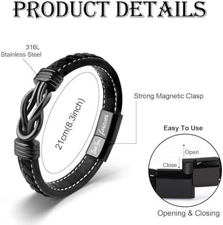 VU100 Braided Leather Bracelet For Men - Inspirational Gifts For Dad Boyfriend Husband - Black