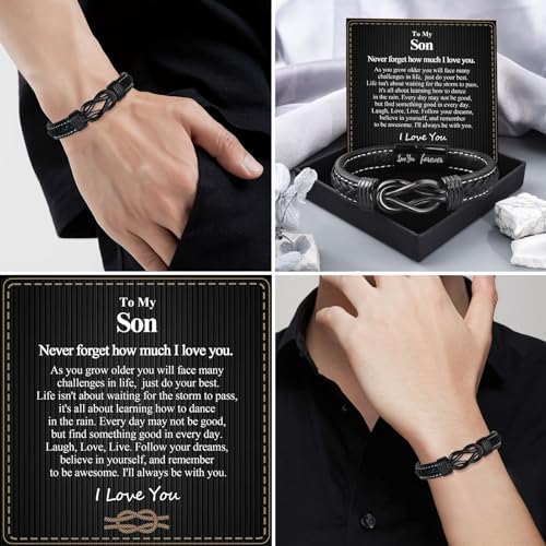 VU100 Braided Leather Bracelet For Men - Inspirational Gifts For Dad Boyfriend Husband - Black