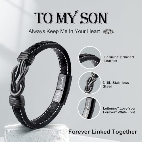 VU100 Braided Leather Bracelet For Men - Inspirational Gifts For Dad Boyfriend Husband - Black