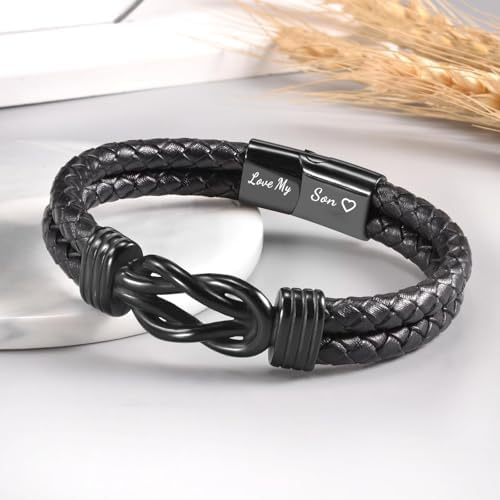VU100 Forever Linked Together Bracelet For Son From Mum Dad - Braided Leather Inspirational Quotes Gift For Men - Christmas Birthday Present For Boy