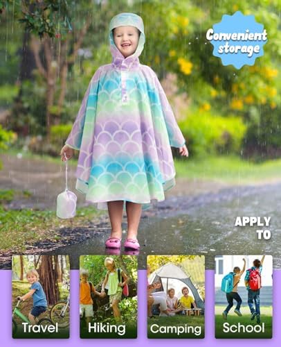 WAWSAM Kids Rain Poncho Waterproof Boys Girls Portable Raincoat Rain Jacket Lightweight Rainwear For Age 3-15