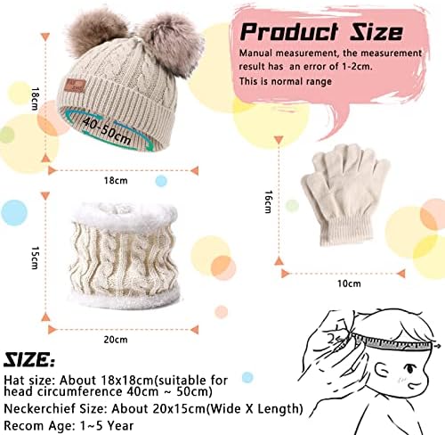 Waylipun Kids Winter Warm Beanie Hat Scarf Gloves Set 3 In 1 Thicken Fleece Thermal Girls Skull Cap Scarf Mittens Set Super Soft Cap Neck Warm Gloves For 1~5 Years Old Toddler Girls Boys