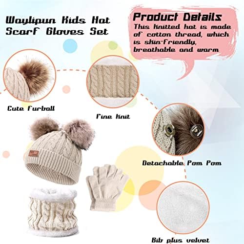 Waylipun Kids Winter Warm Beanie Hat Scarf Gloves Set 3 In 1 Thicken Fleece Thermal Girls Skull Cap Scarf Mittens Set Super Soft Cap Neck Warm Gloves For 1~5 Years Old Toddler Girls Boys