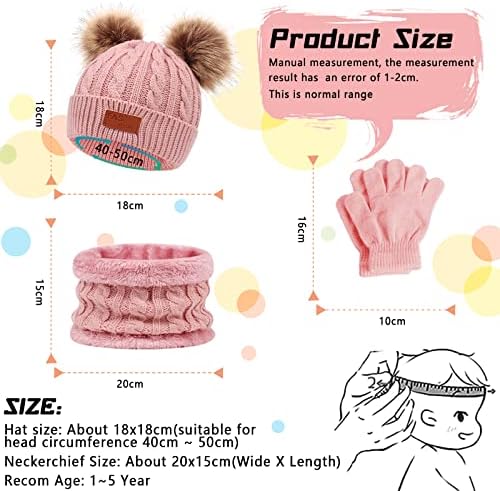 Waylipun Kids Winter Warm Beanie Hat Scarf Gloves Set 3 In 1 Thicken Fleece Thermal Girls Skull Cap Scarf Mittens Set Super Soft Cap Neck Warm Gloves For 1~5 Years Old Toddler Girls Boys