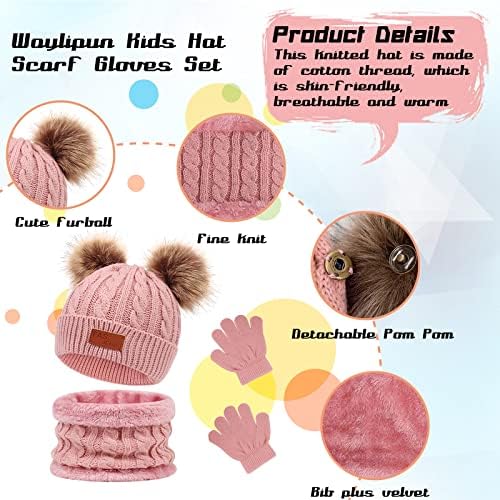 Waylipun Kids Winter Warm Beanie Hat Scarf Gloves Set 3 In 1 Thicken Fleece Thermal Girls Skull Cap Scarf Mittens Set Super Soft Cap Neck Warm Gloves For 1~5 Years Old Toddler Girls Boys