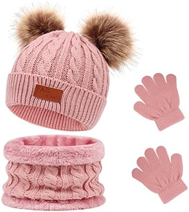 Waylipun Kids Winter Warm Beanie Hat Scarf Gloves Set 3 in 1 Thicken Fleece Thermal Girls Skull Cap Scarf Mittens Set Super Soft Cap Neck Warm Gloves for 1~5 Years Old Toddler Girls Boys