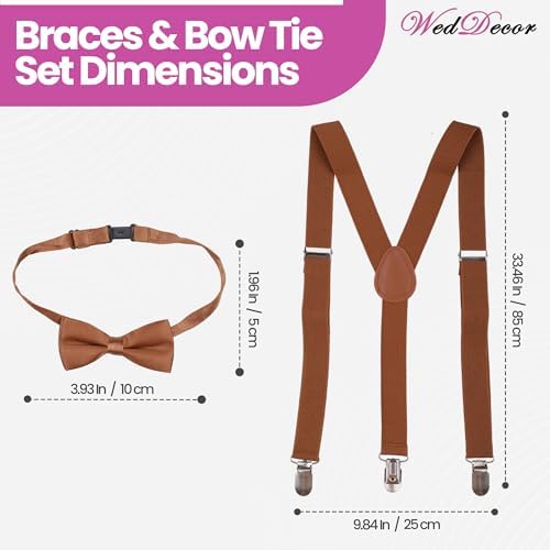 WedDecor Children Braces Bow Tie Sets Solid Color Kids Braces With Strong Clip Unisex Adjustable Elastic Suspenders And Bow Tie Set For Wedding Parties Fashion Accessory 25mm Wide