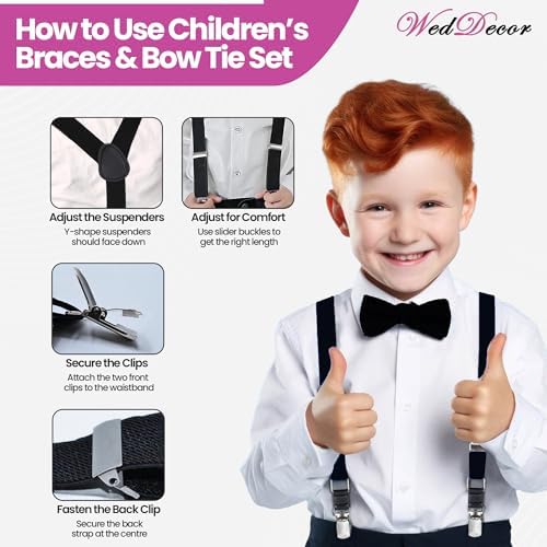 WedDecor Children Braces Bow Tie Sets Solid Color Kids Braces With Strong Clip Unisex Adjustable Elastic Suspenders And Bow Tie Set For Wedding Parties Fashion Accessory 25mm Wide