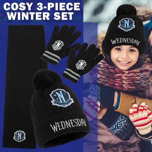 Wednesday Beanie Winter Accessories Set Girls Teens 3pcs Hat Scarf Gloves Warm Knit For School Travel Days Out Gothic Gifts