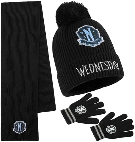 Wednesday Beanie Winter Accessories Set Girls Teens 3pcs Hat Scarf Gloves Warm Knit for School Travel Days Out Gothic Gifts