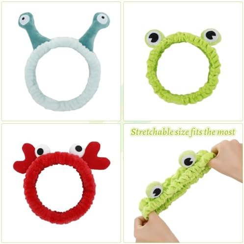 Weenwill Face Wash Headband 3 Pcs Snail Frog Crab Designs Women Cartoon Cute Coral Spa Hair Bands Makeup Headbands Creative Hair Accessories For Washing Face Shower Sports