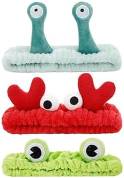 Weenwill Face Wash Headband 3 Pcs Snail Frog Crab Designs Women Cartoon Cute Coral Spa Hair Bands Makeup Headbands Creative Hair Accessories for Washing Face Shower Sports