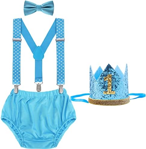 WELROG Baby Boys First Birthday Cake Smash Outfit - Adjustable Bow Tie Braces/Suspenders Bloomers Birthday Hat Sparkle Gold Crown Set