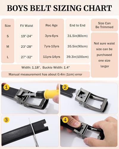 WELROG Kids Leather Ratchet Belt For Boys - Boys Black Belt With Metal Buckle School Uniform Belt For Kids Age 6-16 Kids Brown Belt Age 9 Childs Belt