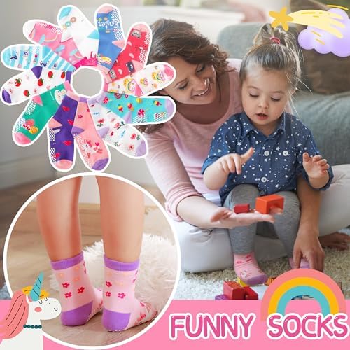 Welwoos 12 Pairs Baby Girls Toddlers Grips Socks Non Slip Funny Animal Cartoon Cosy Breathable Cotton Anit Skid Socks