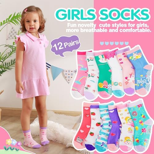 Welwoos 12 Pairs Baby Girls Toddlers Grips Socks Non Slip Funny Animal Cartoon Cosy Breathable Cotton Anit Skid Socks