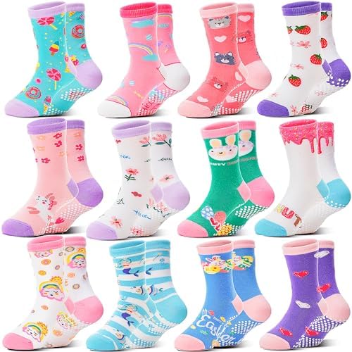 Welwoos 12 Pairs Baby Girls Toddlers Grips Socks Non Slip Funny Animal Cartoon Cosy Breathable Cotton Anit Skid Socks