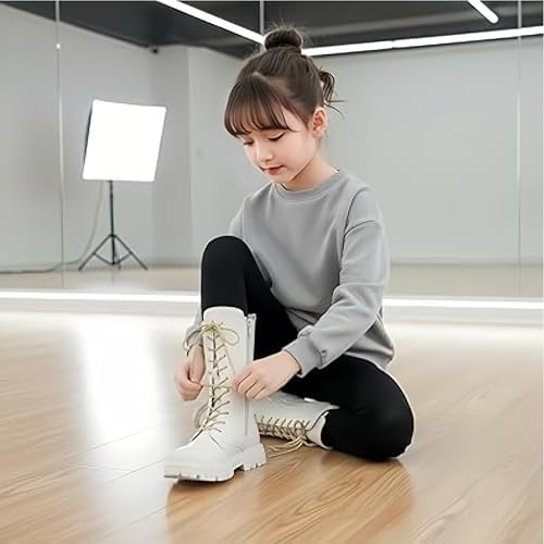 White Boots Kids White Combat Boots For Girls Lace Up Riding Mid Calf PU Leather Waterproof Shoes Footwear UK Winter Goth Boot Cowgirl Fleece Lined