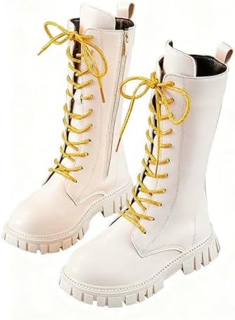 White Boots Kids White Combat Boots for Girls Lace Up Riding Mid Calf PU Leather Waterproof Shoes Footwear UK Winter Goth Boot Cowgirl Fleece Lined