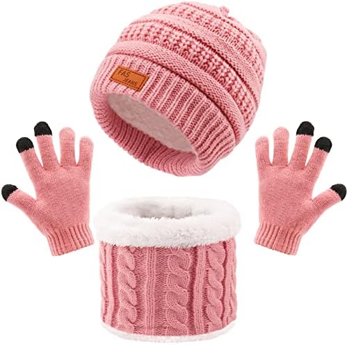 Winter Knitted Beanie Hat Scarf Gloves Set 3 in 1 Soft Warm Thicken Fleece Thermal Knit Hat Scarf Touch Screen Gloves Set for Kids Winter Accessories Sets for Children Outdoor