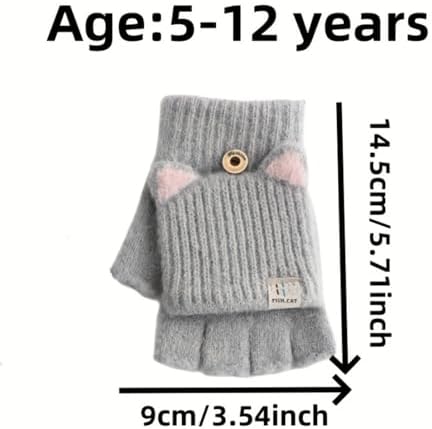 Winter Warm Convertible Mittens Half Fingerless Plush Knitted Lined Cartoon Gloves For 6-12 Years Old Boys Girls(9cm/3.54in Width)​