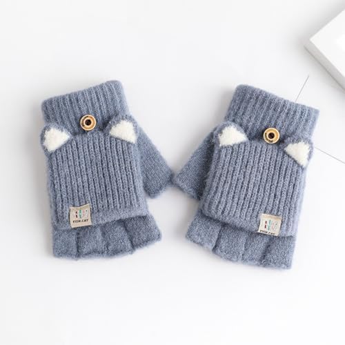 Winter Warm Convertible Mittens Half Fingerless Plush Knitted Lined Cartoon Gloves For 6-12 Years Old Boys Girls(9cm/3.54in Width)​