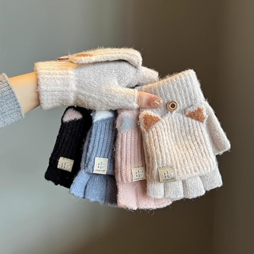 Winter Warm Convertible Mittens Half Fingerless Plush Knitted Lined Cartoon Gloves For 6-12 Years Old Boys Girls(9cm/3.54in Width)​