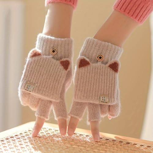 Winter Warm Convertible Mittens Half Fingerless Plush Knitted Lined Cartoon Gloves For 6-12 Years Old Boys Girls(9cm/3.54in Width)​