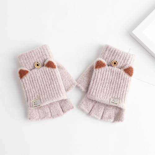 Winter Warm Convertible Mittens Half Fingerless Plush Knitted Lined Cartoon Gloves for 6-12 Years Old Boys Girls(9cm/3.54in Width)​