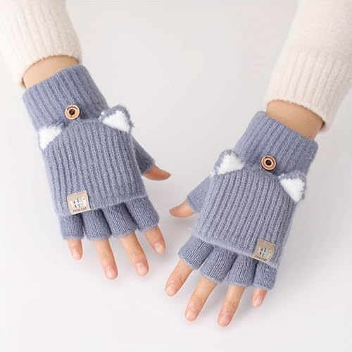 Winter Warm Convertible Mittens Half Fingerless Plush Knitted Lined Cartoon Gloves For 6-12 Years Old Boys Girls(9cm/3.54in Width)​