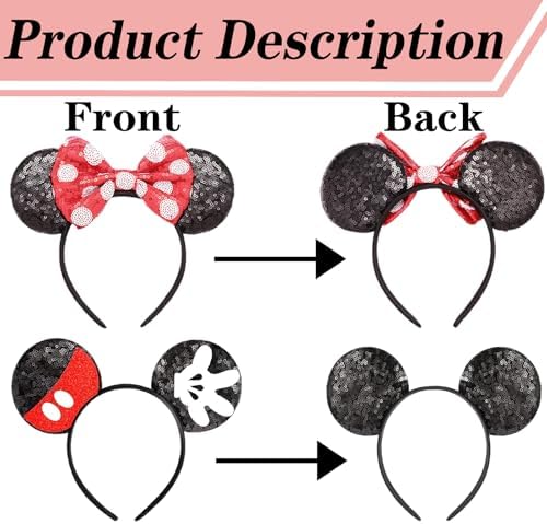 WKPBJX Mouse Ears Headband 2 Pcs Bow Headband Birthday Party Decoration Cartoon Club Christmas Cosplay For Kids Girls Women Park Trips
