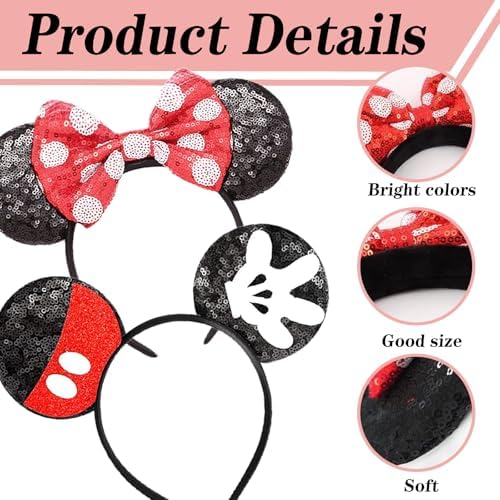 WKPBJX Mouse Ears Headband 2 Pcs Bow Headband Birthday Party Decoration Cartoon Club Christmas Cosplay For Kids Girls Women Park Trips