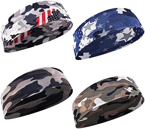 WLLHYF Kids Sports Headbands 4 Pack Athletic Sweatbands Headband for Boys Camouflage Sport Headband Sweat Absorbing Elastic Hairband