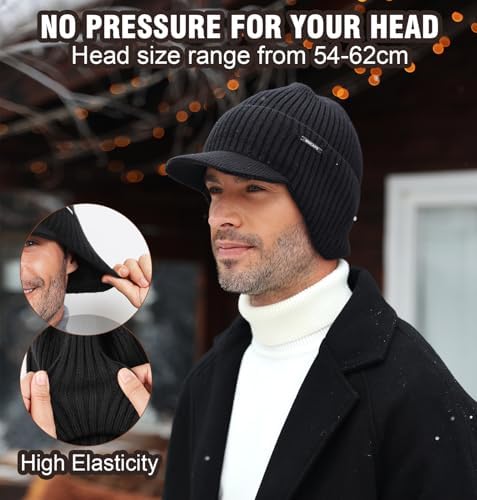 Wmcaps Mens Beanie With Brim And Ear Flaps Windproof Fleece Lined Knit Winter Hat Warm Outdoor Womens Wooly Hats Gifts For Dad