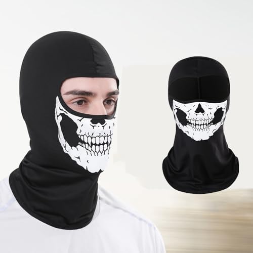 Wnddle 2 Pieces Skull Balaclava Ghost Mask Motorcycle Balaclavas For Men Full Face Ghosts Men's Balaclavas For Bike Motorcycle Skateboard Ski Cosplay Costume Black