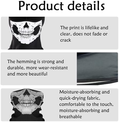 Wnddle 2 Pieces Skull Balaclava Ghost Mask Motorcycle Balaclavas For Men Full Face Ghosts Men's Balaclavas For Bike Motorcycle Skateboard Ski Cosplay Costume Black