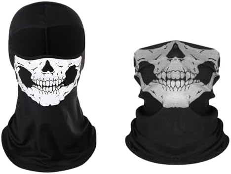 Wnddle 2 Pieces Skull Balaclava Ghost Mask Motorcycle Balaclavas for Men Full Face Ghosts Men's Balaclavas for Bike Motorcycle Skateboard Ski Cosplay Costume Black