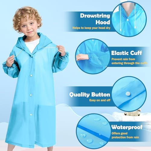 WOHSEROM 2 Pack Rain Ponchos For Kids Reusable Thickened EVA Travel Raincoat Jacket With Hoods And Sleeves Lightweight Capes Ponchos For Boys And Girls Outdoor Camping Travel
