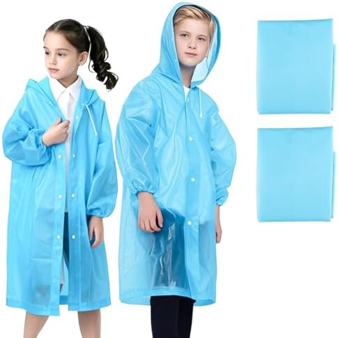 WOHSEROM 2 Pack Rain Ponchos for Kids Reusable Thickened EVA Travel Raincoat Jacket with Hoods and Sleeves Lightweight Capes Ponchos for Boys and Girls Outdoor Camping Travel