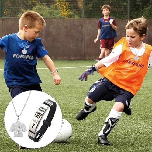 WPNCYK 2 PCS Football Stuff CR7 Football Star Bracelet Pendant Necklace Set Football Gifts For Boys Football Necklace Champions League Jewelry Gift For Kids Friends Football Fans Silver