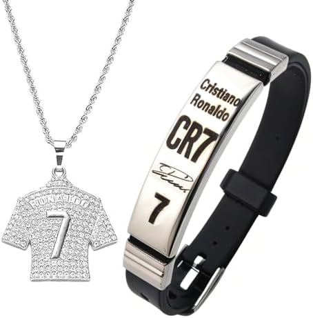 WPNCYK 2 PCS Football Stuff CR7 Football Star Bracelet Pendant Necklace Set Football Gifts for Boys Football Necklace Champions League Jewelry Gift for Kids Friends Football Fans Silver
