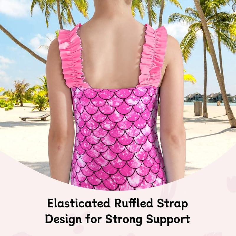 XiaoMoSha Girls Swimming Costume With Ruffle Straps Cute Stretchy Beach Swimwear Quick Dry Bathing Suit For Kids Age 3-10 Years