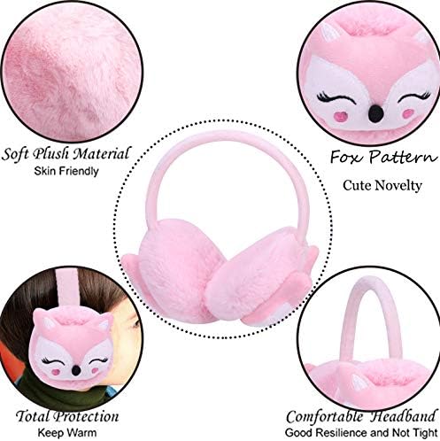 XINCHIA Girls Boys Earmuffs Winter Cartoon Fox Cute Plush Fleece Children Ear Muffs Warm Soft For Kids Warmer Protection Earflaps Adjustable Birthday Xmas Gift Fashion Pink One Size