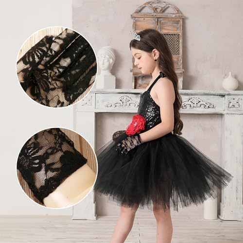 XNIVUIS Black Lace Gloves For Girls Kids Lace Gloves Flower Girl Gloves With Ear Clips Girls Halloween Lace Gloves Short Gloves For Cosplay Party Fancy Dress Costume Accessory