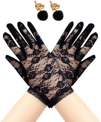 XNIVUIS Black Lace Gloves for Girls Kids Lace Gloves Flower Girl Gloves with Ear Clips Girls Halloween Lace Gloves Short Gloves for Cosplay Party Fancy Dress Costume Accessory